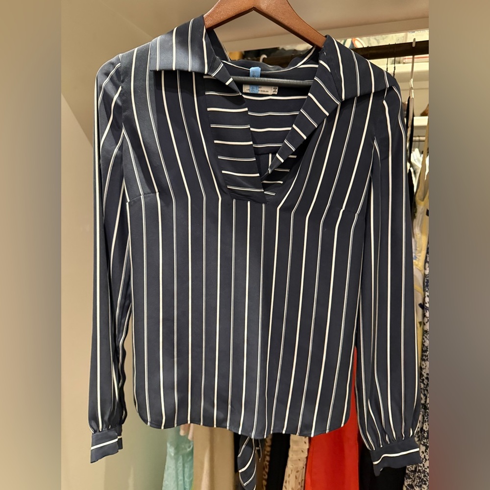 Frame Denim Navy and White Striped Blouse